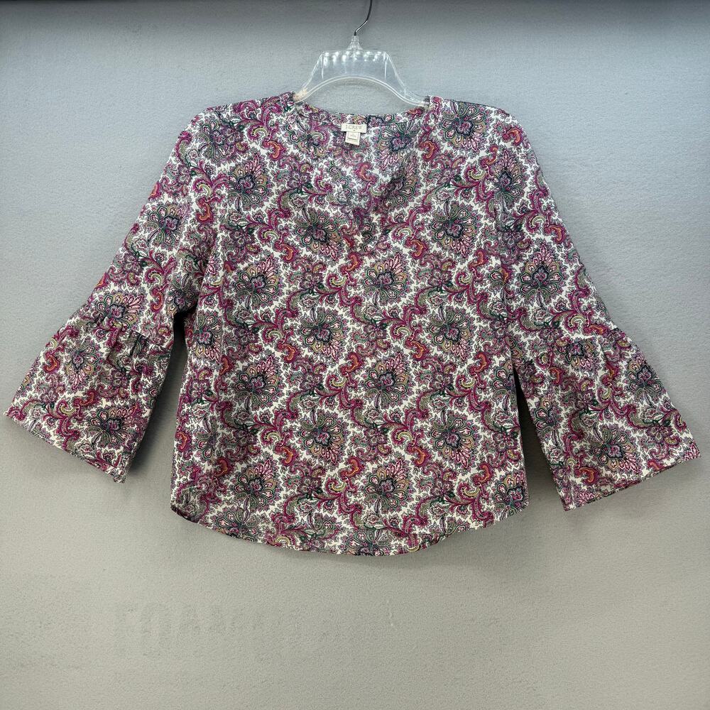 J. Crew Boho Tunic Top Women's L Petite Multicolor Print Long Sleeve V-Neck - Picture 1 of 9